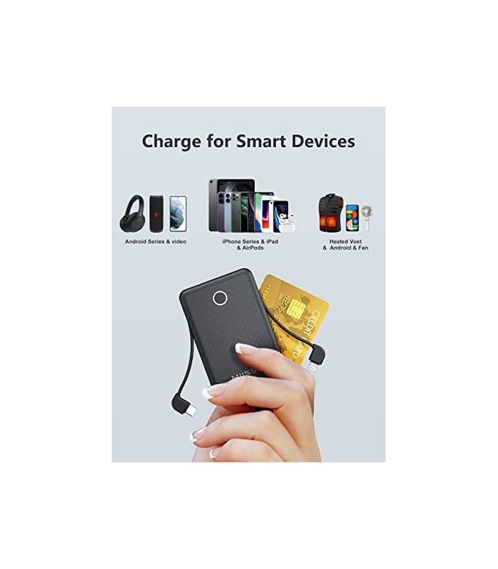 6000mah Ultra Slim Cabos embutidos Power Bank, Tamanho do cartão Cabos USB C integrados Bateria Carregador portátil para telefon