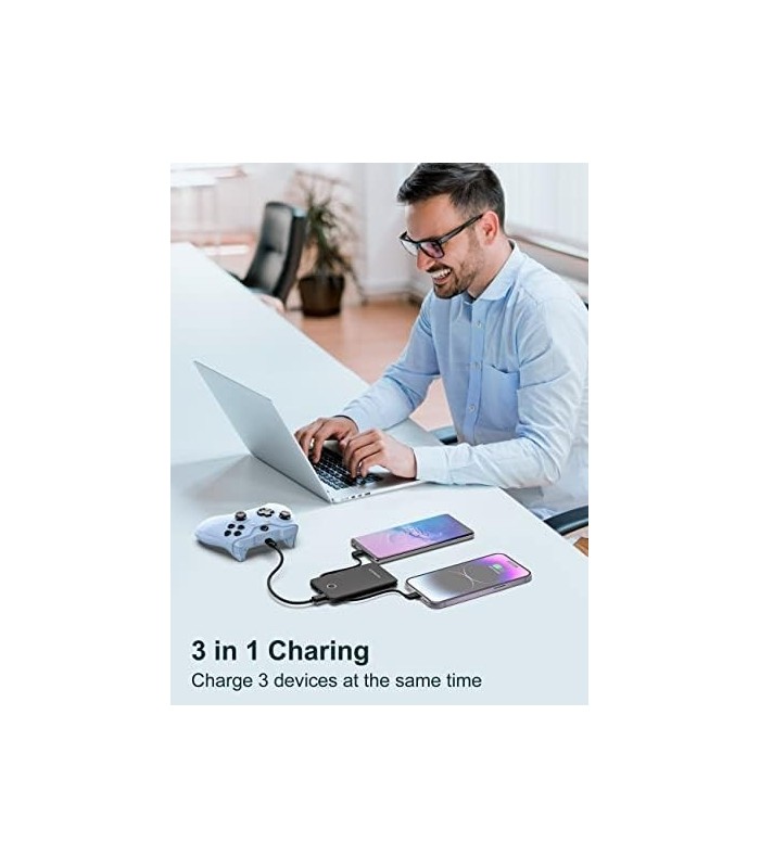 6000mah Ultra Slim Cabos embutidos Power Bank, Tamanho do cartão Cabos USB C integrados Bateria Carregador portátil para telefon