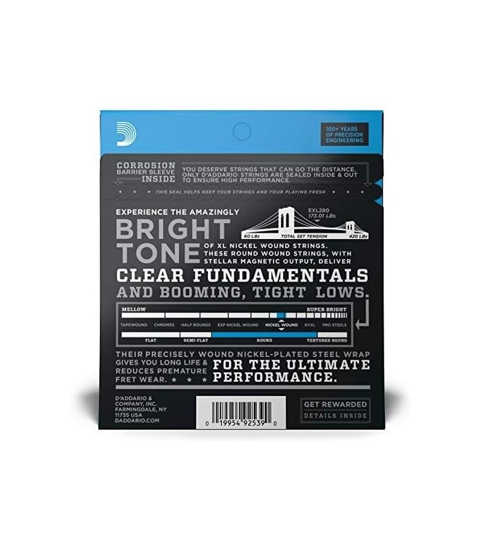 Cordas de baixo DAddario - Cordas de baixo de níquel XL - EXL280 - Entonação perfeita, Sensação consistente, Durabilidade podero