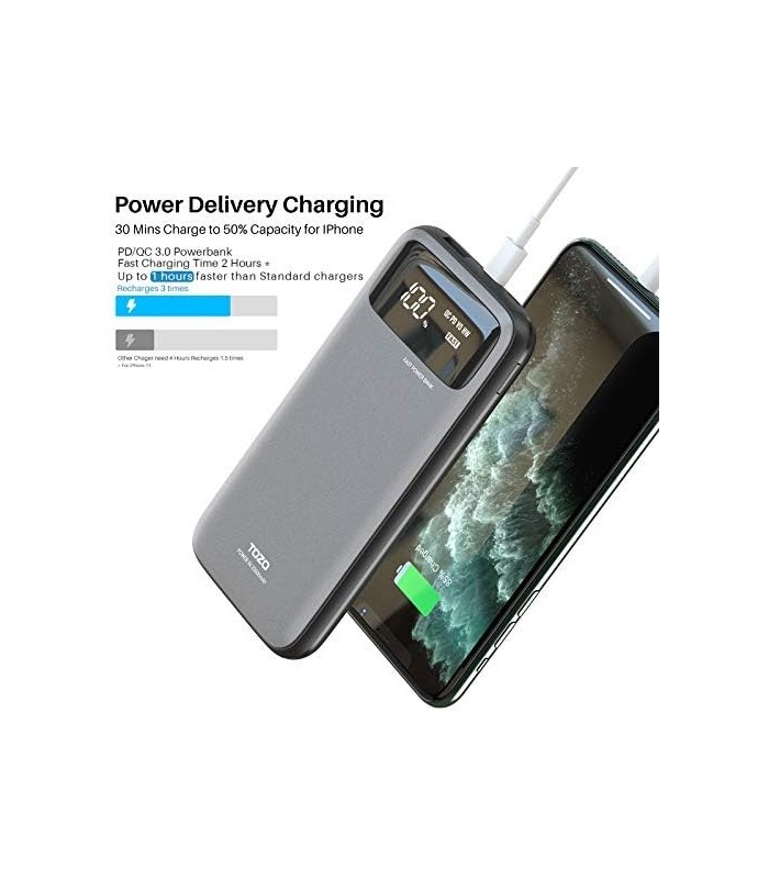 TOZO PB2 PD Power Bank de carregamento rápido 20000mAh com visor visível Carregador portátil 18W Bateria com portas de entrada d
