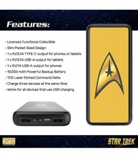 Carregador de telefone Star Trek | Banco de energia compacto de 10.000 mAh com logotipo de comando TOS, 3 saídas USB, 2.1A e 1A,