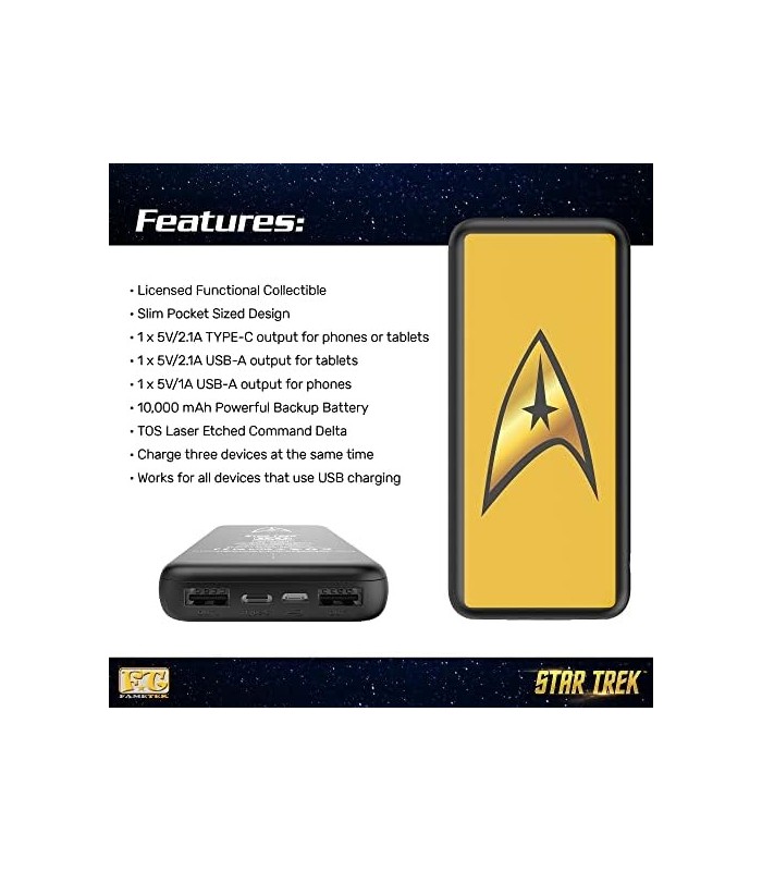 Carregador de telefone Star Trek | Banco de energia compacto de 10.000 mAh com logotipo de comando TOS, 3 saídas USB, 2.1A e 1A,