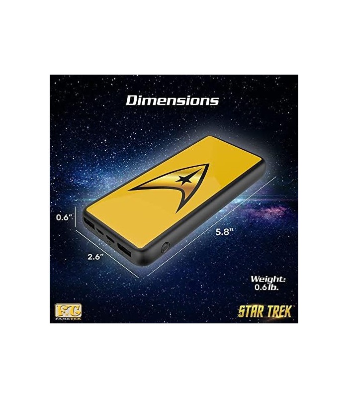 Carregador de telefone Star Trek | Banco de energia compacto de 10.000 mAh com logotipo de comando TOS, 3 saídas USB, 2.1A e 1A,