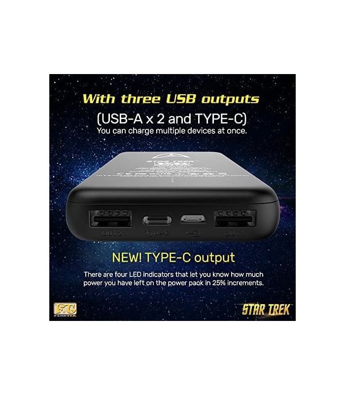 Carregador de telefone Star Trek | Banco de energia compacto de 10.000 mAh com logotipo de comando TOS, 3 saídas USB, 2.1A e 1A,