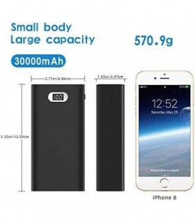 Carregador Portátil Mais Seguro 30000mAh, Bateria Externa Power Bank de 12W com Visor LCD Portas de Entrada Tripla e Saída Dupla