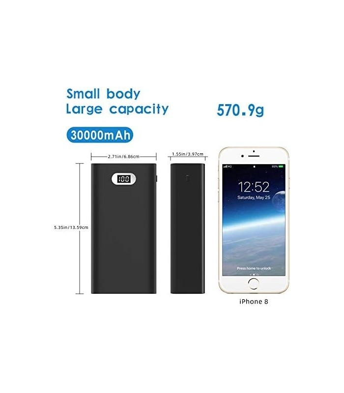Carregador Portátil Mais Seguro 30000mAh, Bateria Externa Power Bank de 12W com Visor LCD Portas de Entrada Tripla e Saída Dupla
