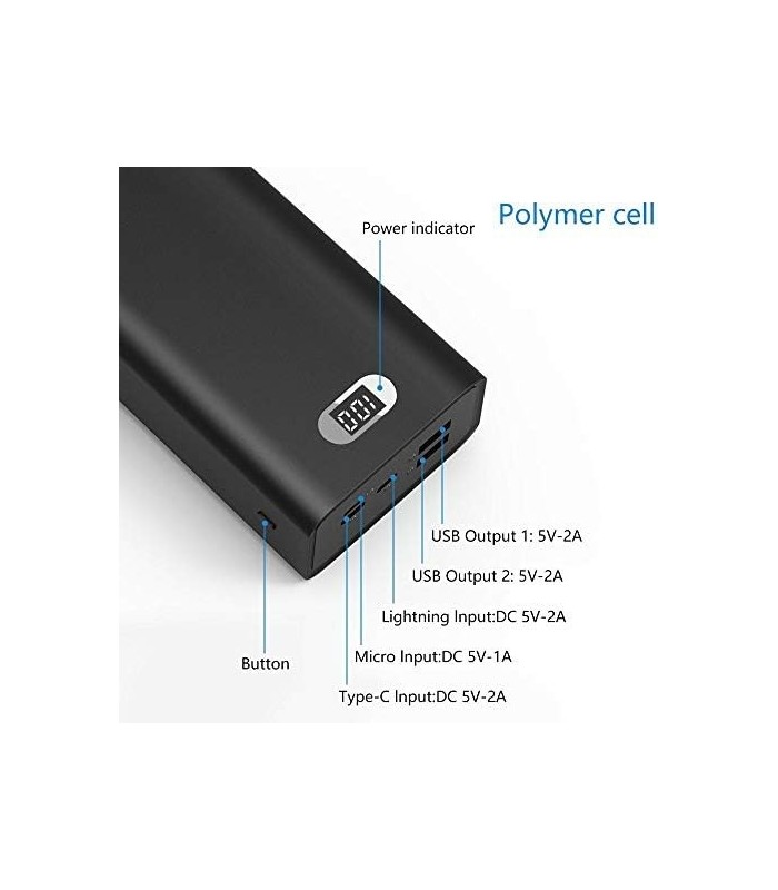 Carregador Portátil Mais Seguro 30000mAh, Bateria Externa Power Bank de 12W com Visor LCD Portas de Entrada Tripla e Saída Dupla