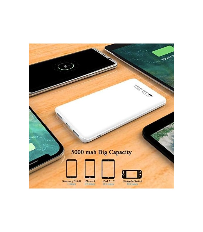 Attom Tech Triple USB Outputs Super Slim Power Bank Ultra Thin, 5000mAh Mini Carregador Portátil Bateria de Telefone Externo Tom