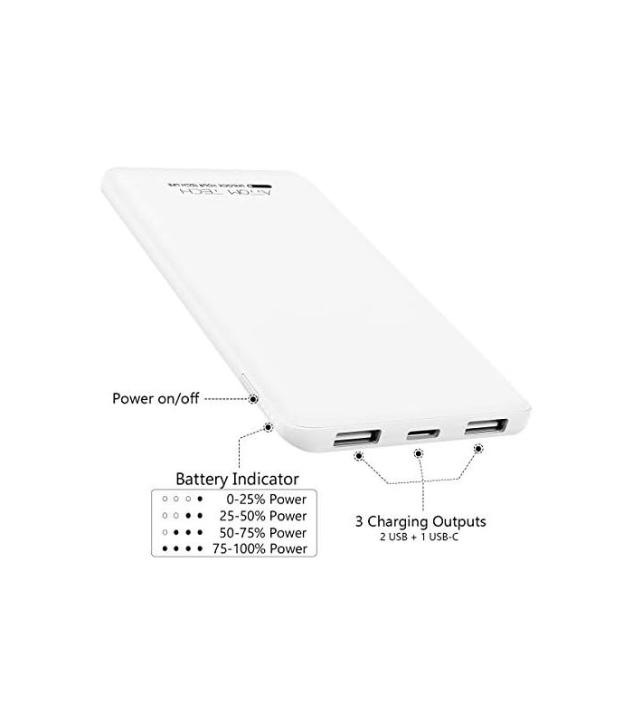 Attom Tech Triple USB Outputs Super Slim Power Bank Ultra Thin, 5000mAh Mini Carregador Portátil Bateria de Telefone Externo Tom