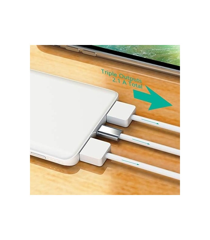 Attom Tech Triple USB Outputs Super Slim Power Bank Ultra Thin, 5000mAh Mini Carregador Portátil Bateria de Telefone Externo Tom
