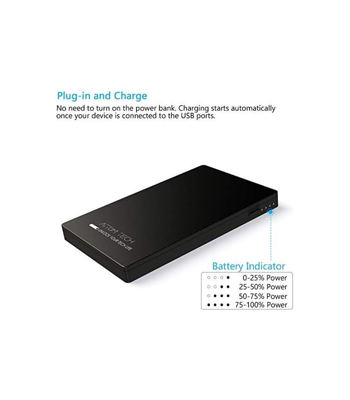 Attom Tech Saída USB Super Slim Power Bank Ultra Fino 3000mAh Carregador Portátil, Micro USB e Portas de Entrada Duplas USB-C Mi