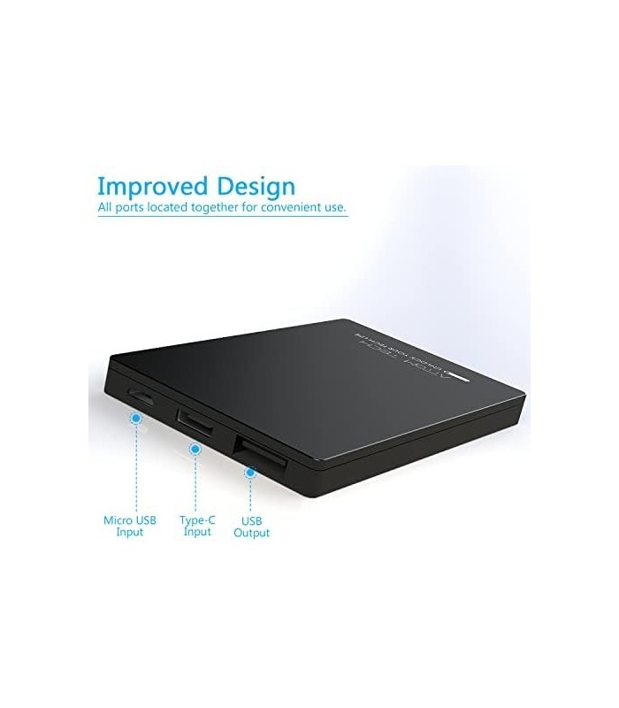 Attom Tech Saída USB Super Slim Power Bank Ultra Fino 3000mAh Carregador Portátil, Micro USB e Portas de Entrada Duplas USB-C Mi