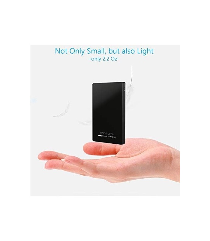 Attom Tech Saída USB Super Slim Power Bank Ultra Fino 3000mAh Carregador Portátil, Micro USB e Portas de Entrada Duplas USB-C Mi