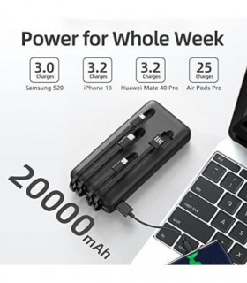 Power Bank 20000mAh, Carregador Portátil de 12W com Cabos Embutidos, 4 Saídas 2 Entradas e Ultra Capacidade Bateria Externa Mais
