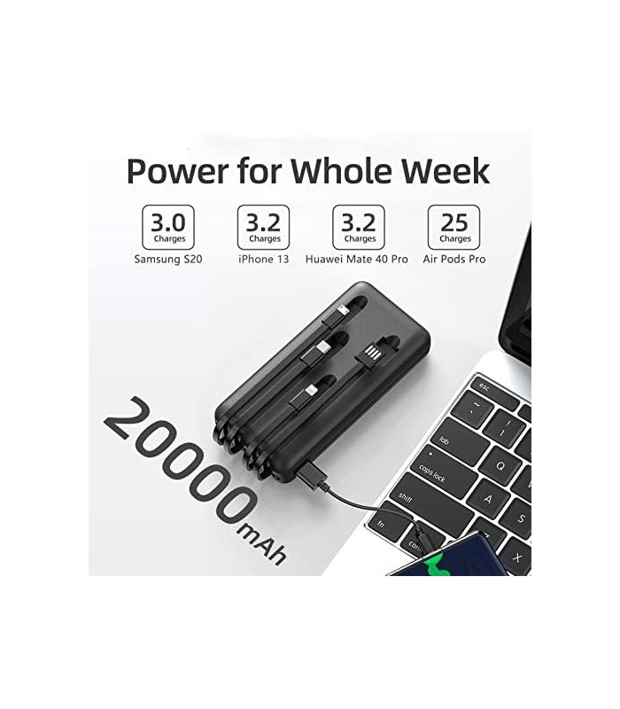 Power Bank 20000mAh, Carregador Portátil de 12W com Cabos Embutidos, 4 Saídas 2 Entradas e Ultra Capacidade Bateria Externa Mais