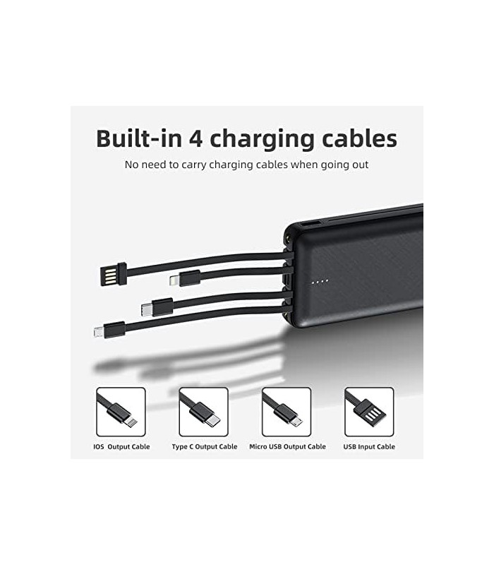 Power Bank 20000mAh, Carregador Portátil de 12W com Cabos Embutidos, 4 Saídas 2 Entradas e Ultra Capacidade Bateria Externa Mais