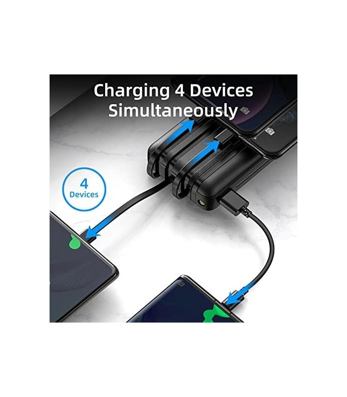 Power Bank 20000mAh, Carregador Portátil de 12W com Cabos Embutidos, 4 Saídas 2 Entradas e Ultra Capacidade Bateria Externa Mais