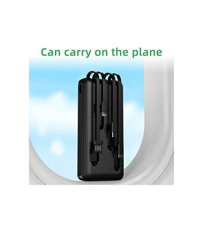 Power Bank 20000mAh, Carregador Portátil de 12W com Cabos Embutidos, 4 Saídas 2 Entradas e Ultra Capacidade Bateria Externa Mais