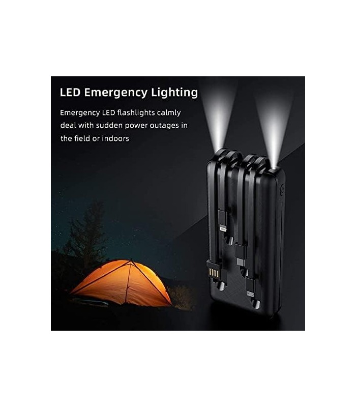 Power Bank 20000mAh, Carregador Portátil de 12W com Cabos Embutidos, 4 Saídas 2 Entradas e Ultra Capacidade Bateria Externa Mais