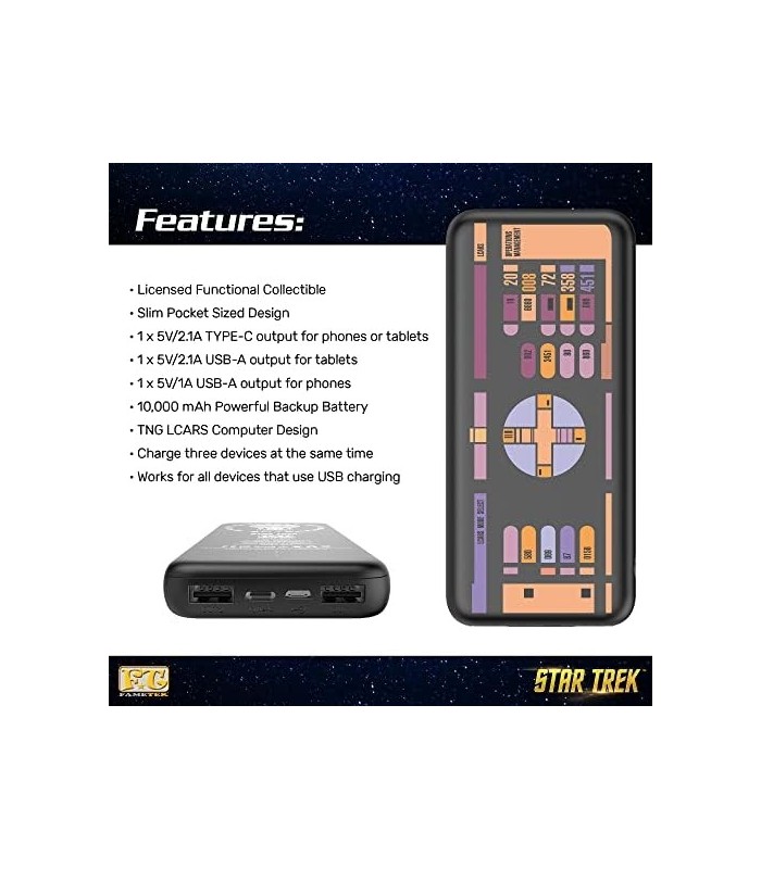 Carregador de telefone Star Trek | Banco de energia de 10.000 mAh de tamanho de bolso fino com TNG LCARS 3 saídas USB, 2.1A e 1A