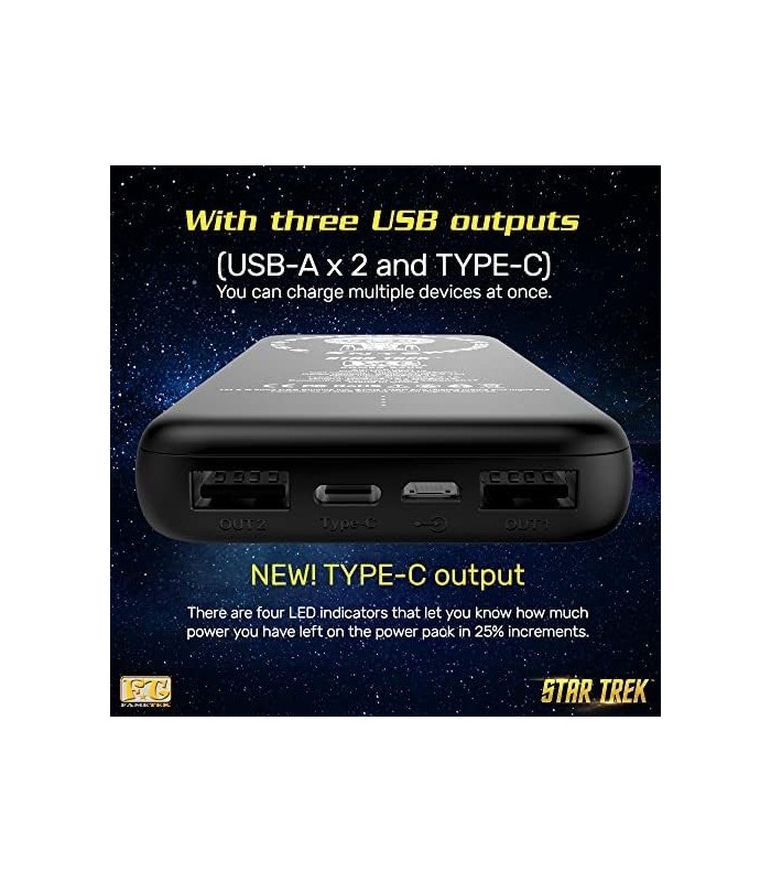 Carregador de telefone Star Trek | Banco de energia de 10.000 mAh de tamanho de bolso fino com TNG LCARS 3 saídas USB, 2.1A e 1A