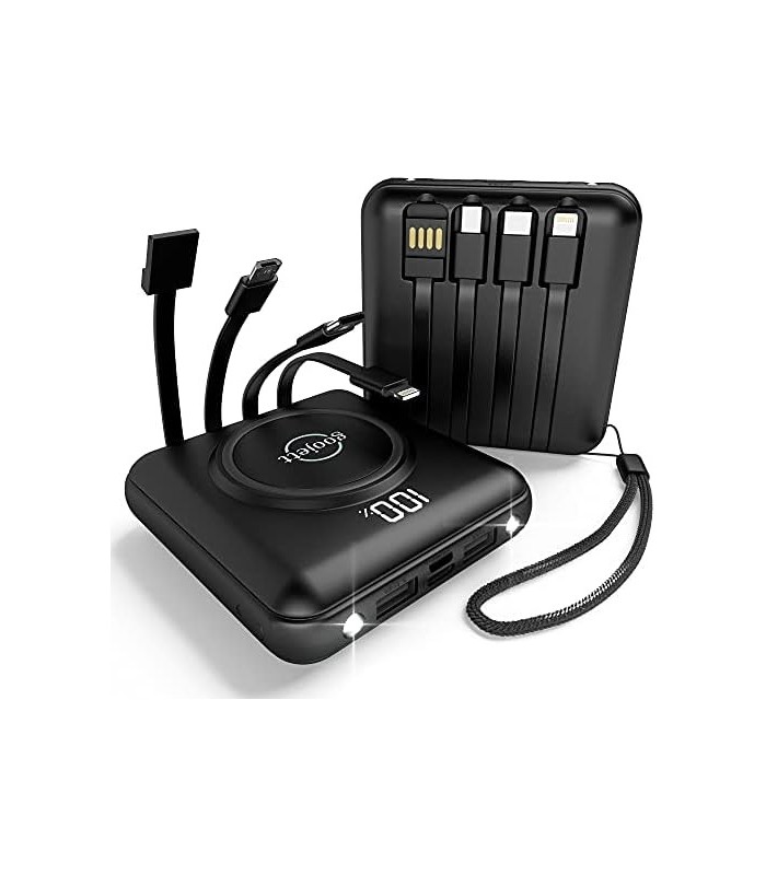 Carregador Portátil Sem Fio Power Bank 10000mAh Carregador de Telefone Portátil, Carregador de iPhone com 4 Cabos, Carregamento