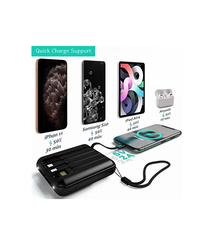 Carregador Portátil Sem Fio Power Bank 10000mAh Carregador de Telefone Portátil, Carregador de iPhone com 4 Cabos, Carregamento