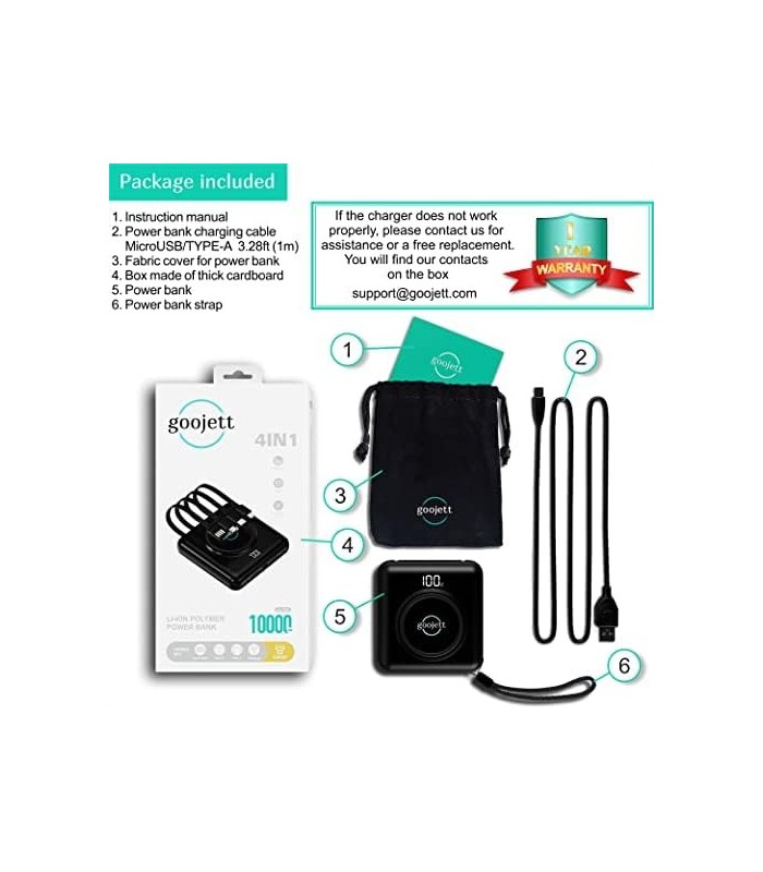 Carregador Portátil Sem Fio Power Bank 10000mAh Carregador de Telefone Portátil, Carregador de iPhone com 4 Cabos, Carregamento