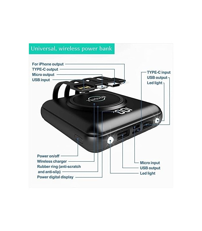 Carregador Portátil Sem Fio Power Bank 10000mAh Carregador de Telefone Portátil, Carregador de iPhone com 4 Cabos, Carregamento