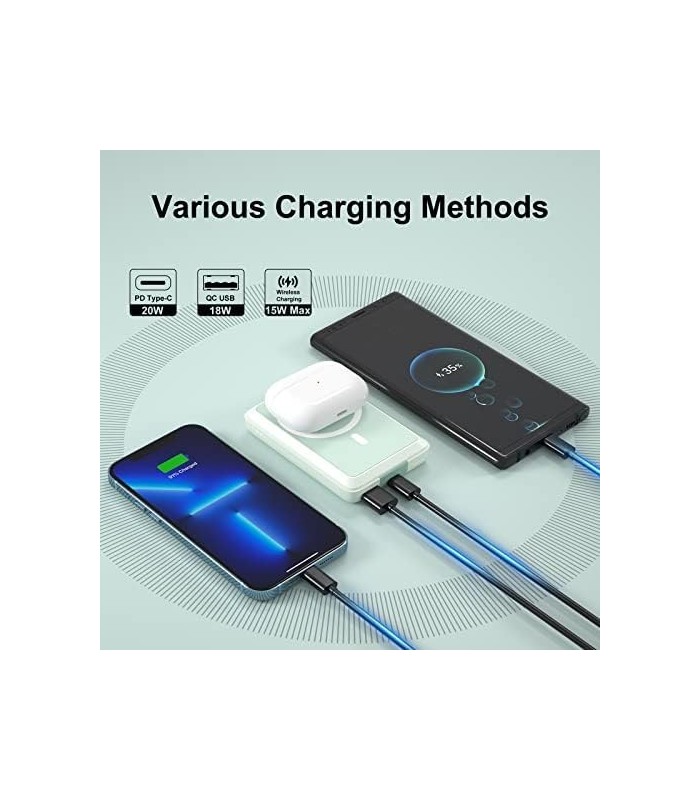 MagLoop Wireless Power Bank Carregamento rápido, 10000mAh bateria sem fio PD 20W com cabo USB-C, carregador portátil magnético p