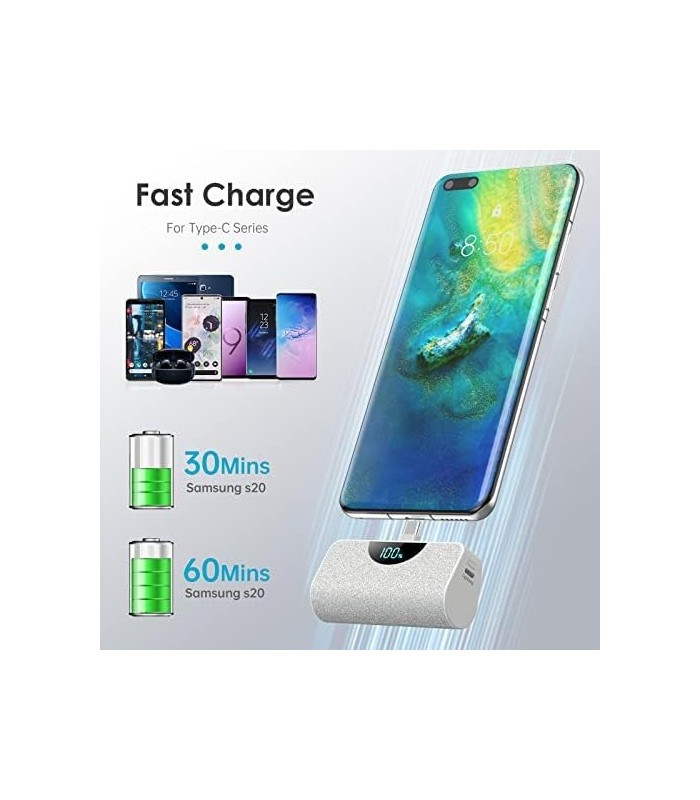Carregador Portátil USB-C Power Bank 5200mAh, Display LCD Ultra Compacto Bateria Carregador de Backup Compatível com Samsung Gal