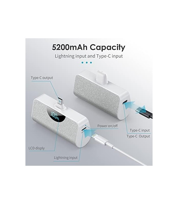 Carregador Portátil USB-C Power Bank 5200mAh, Display LCD Ultra Compacto Bateria Carregador de Backup Compatível com Samsung Gal