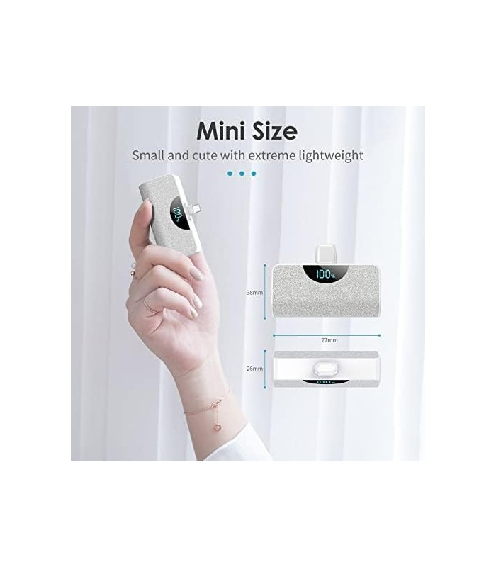 Carregador Portátil USB-C Power Bank 5200mAh, Display LCD Ultra Compacto Bateria Carregador de Backup Compatível com Samsung Gal