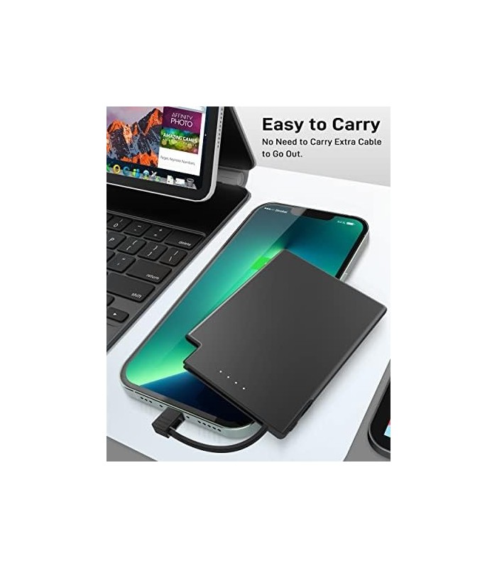 Carregador portátil TNTOR para iPhone com cabo integrado (certificado MFi), bateria externa ultra fina de 3500mAh, carregador rá
