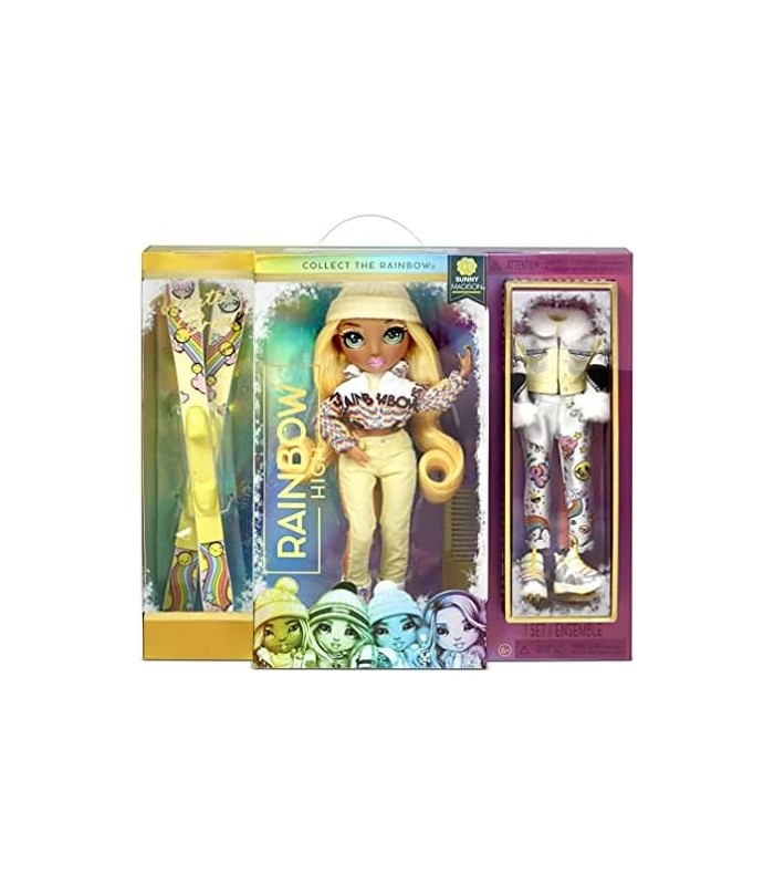 Rainbow Winter Break Sunny Madison ' Boneca amarela e playset com 2 roupas, par de esquis e acessórios