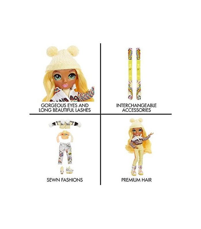 Rainbow Winter Break Sunny Madison ' Boneca amarela e playset com 2 roupas, par de esquis e acessórios
