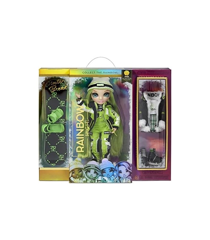 Rainbow Winter Break Jade Hunter ' Green Fashion Doll e Playset com 2 Outfits, Snowboard e Acessórios