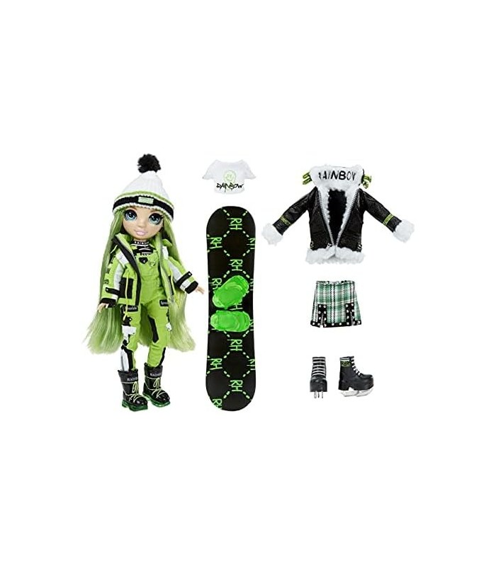 Rainbow Winter Break Jade Hunter ' Green Fashion Doll e Playset com 2 Outfits, Snowboard e Acessórios