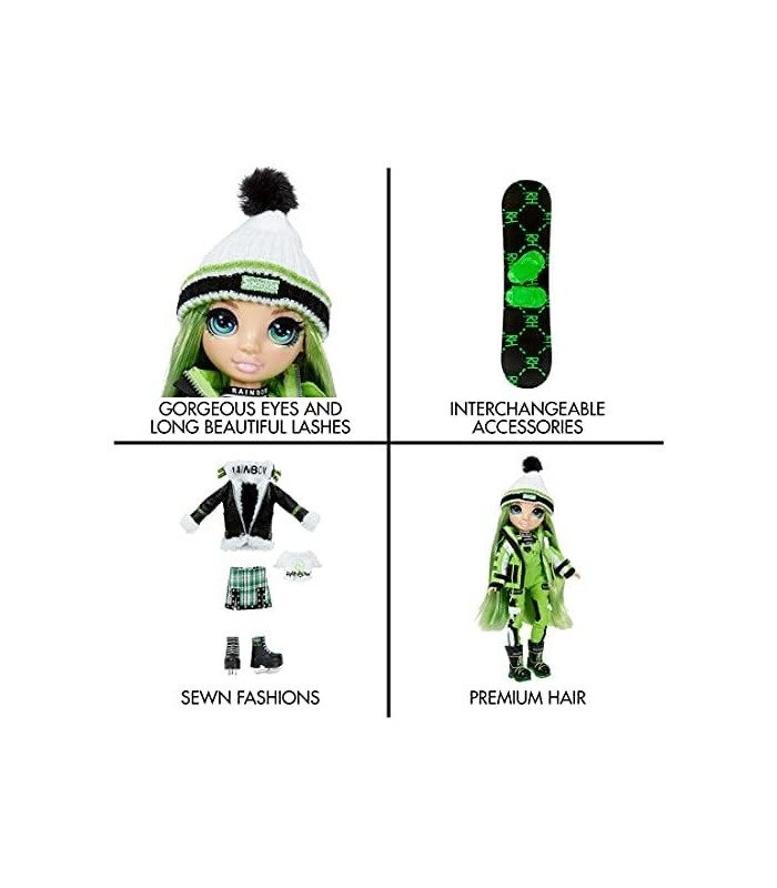 Rainbow Winter Break Jade Hunter ' Green Fashion Doll e Playset com 2 Outfits, Snowboard e Acessórios