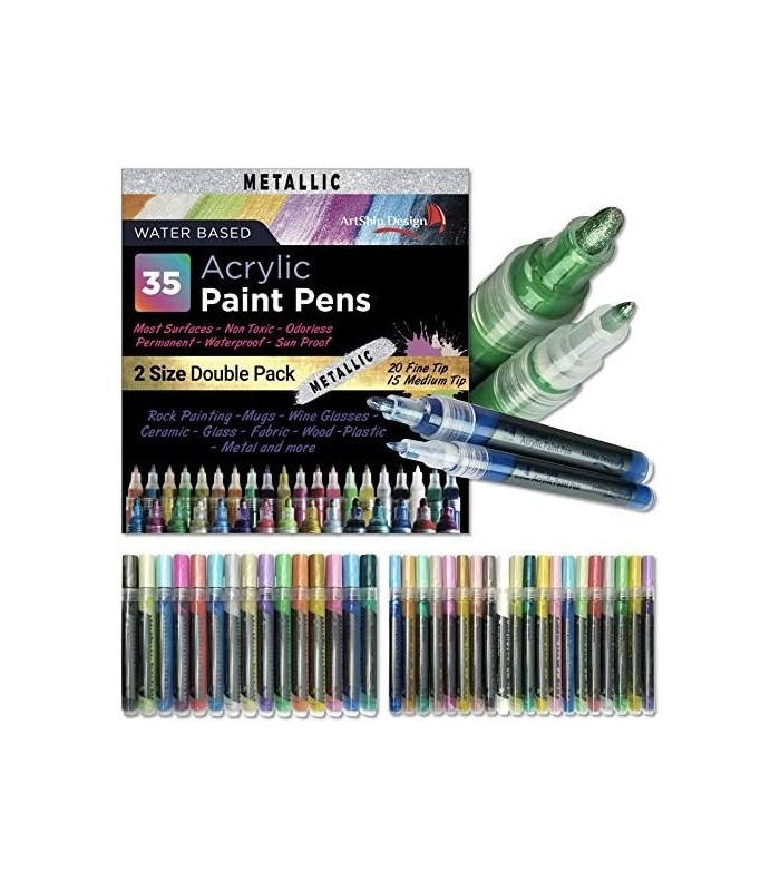 Canetas de tinta acrílica metálica 35, pacote duplo de marcadores de tinta de ponta extra fina e média, para pintura de rocha, c