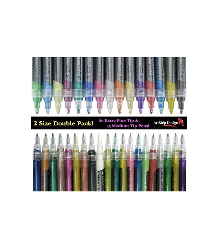 Canetas de tinta acrílica metálica 35, pacote duplo de marcadores de tinta de ponta extra fina e média, para pintura de rocha, c