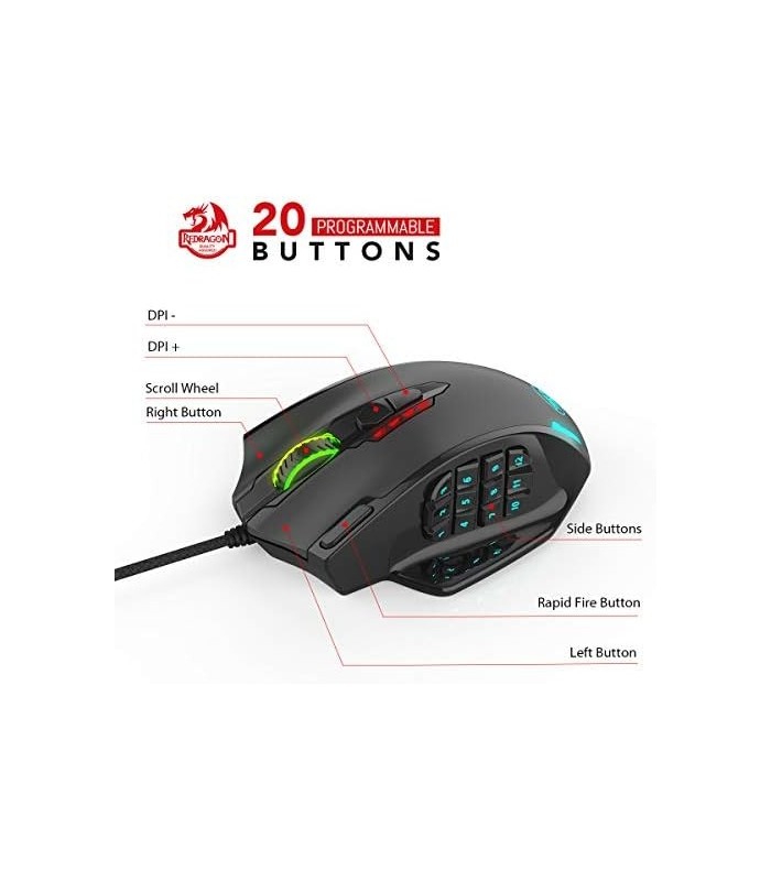 Mouse Redragon M908 Impact RGB LED MMO com botões laterais, mouse óptico com fio para jogos com 12.400 DPI, precisão, 20 botões