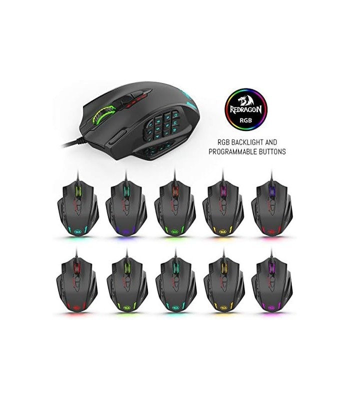 Mouse Redragon M908 Impact RGB LED MMO com botões laterais, mouse óptico com fio para jogos com 12.400 DPI, precisão, 20 botões