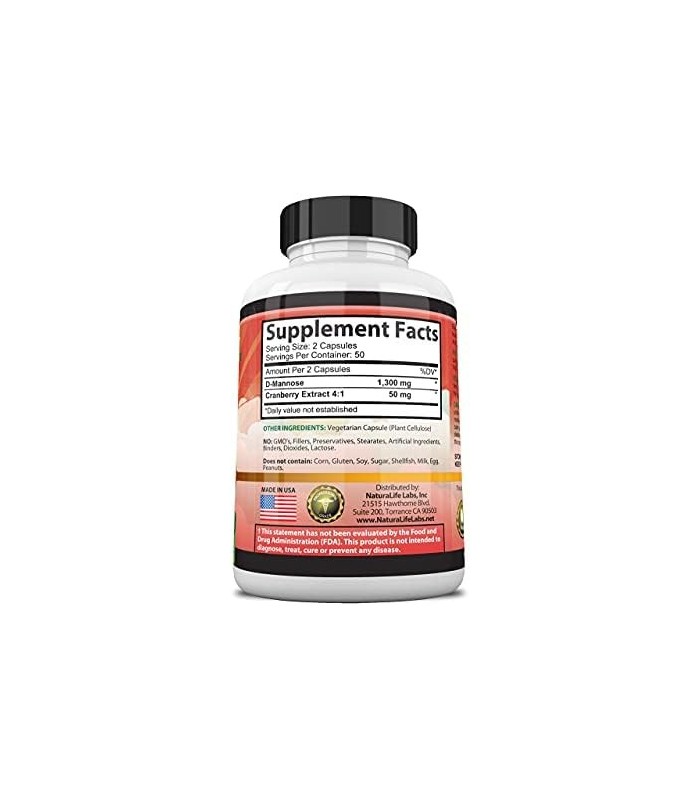 D-manose 1.300 mg com extrato de cranberry ação rápida, impurezas de descarga, saúde natural do trato urinário - 100 cápsulas ve