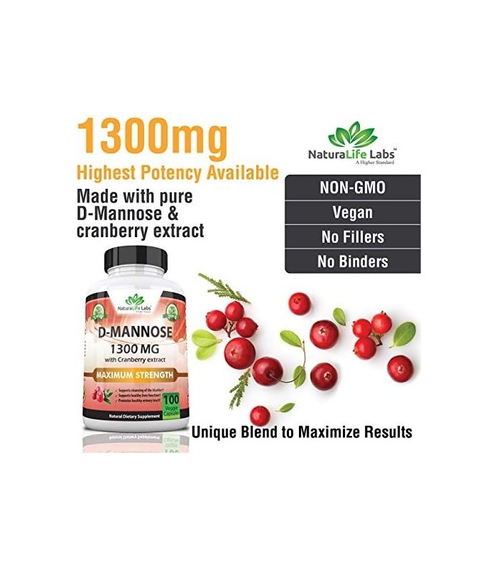 D-manose 1.300 mg com extrato de cranberry ação rápida, impurezas de descarga, saúde natural do trato urinário - 100 cápsulas ve