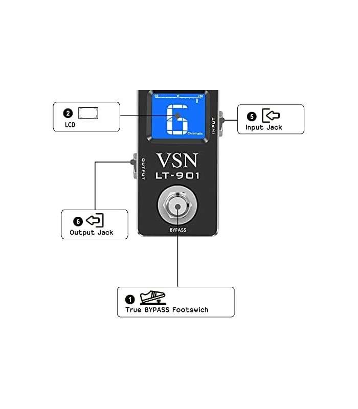 Pedal de afinador cromático de guitarra VSN para guitarra de precisão Pedal de afinador de baixo ± 1 centavo Estojo todo em meta