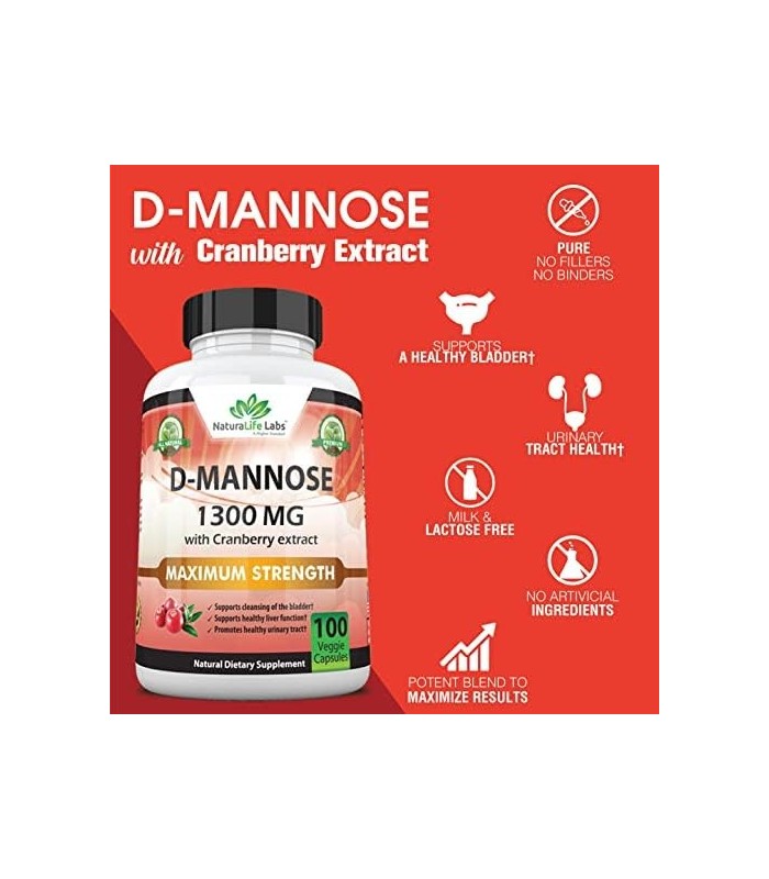 D-manose 1.300 mg com extrato de cranberry ação rápida, impurezas de descarga, saúde natural do trato urinário - 100 cápsulas ve