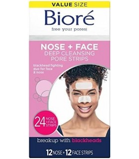 Bioré Nariz+Face Removedor de Cravos Tiras, 12 Nariz + 12 Tiras Faciais para o Queixo ou Testa, Limpeza Profunda com Remoção Ins