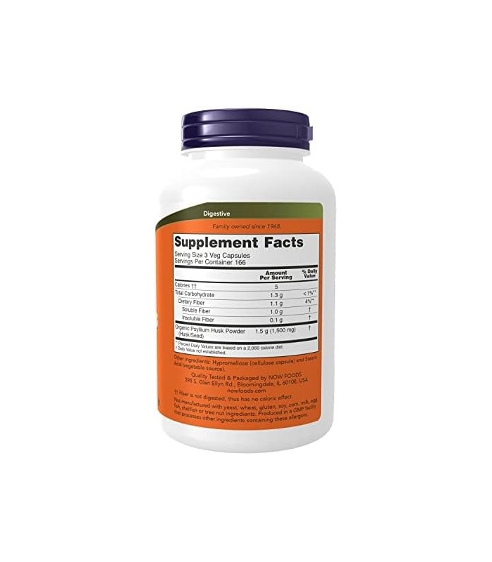 Suplementos NOW, Psyllium Husk Caps 500 mg, projeto não transgênico verificado, fibra solúvel natural, saúde intestinal *, 500 c