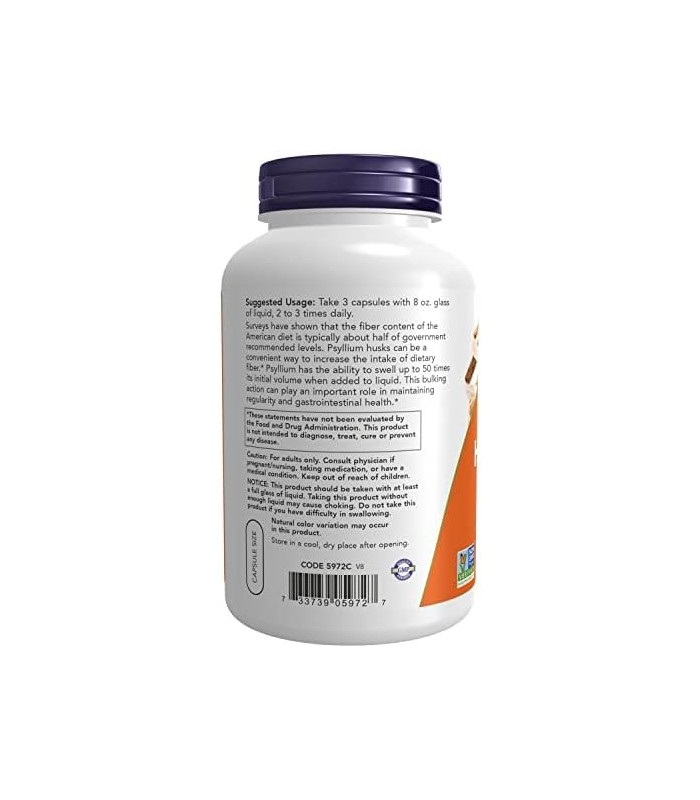 Suplementos NOW, Psyllium Husk Caps 500 mg, projeto não transgênico verificado, fibra solúvel natural, saúde intestinal *, 500 c